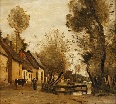 Flesselles, Straat met Boer en Koe; Flesselles, une Rue avec une Paysanne et sa Vache, ca. 1862-1865 door Jean Baptiste Camille Corot