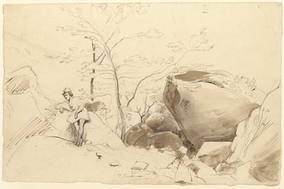 Fontainebleau, figuur leunend tegen een rots door Jean Baptiste Camille Corot