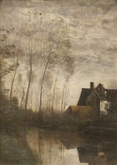 Frans: Scène de rivière avec maisons et peupliers Een rivierscène met huizen en populieren door Jean Baptiste Camille Corot