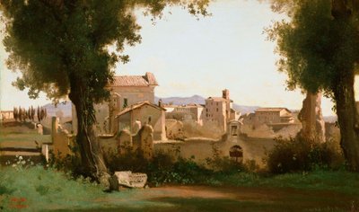 Frans:  Vue depuis les Jardins Farnèse Uitzicht vanaf de Farnese tuinen, Rome door Jean Baptiste Camille Corot