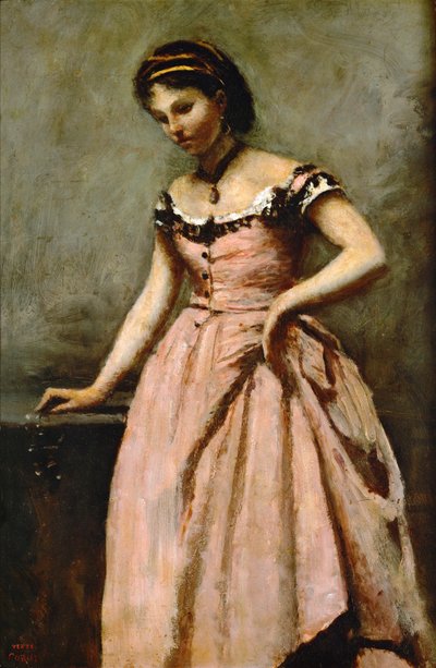 Meisje in roze jurk met rozen en een parel ... door Jean Baptiste Camille Corot