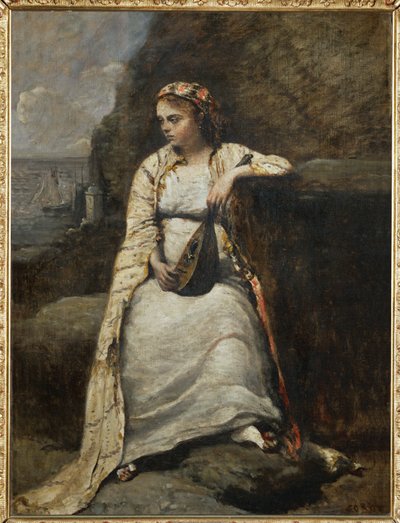 Haydee, jeune femme en costume grec - jonge vrouw in Grieks kostuum, misschien de heldin van Byrons " Don Juan " ... door Jean Baptiste Camille Corot