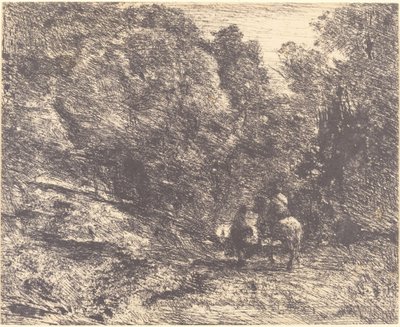Ruiter en Zwerver in het Bos (Le Cavalier en forêt et le piéton) door Jean Baptiste Camille Corot