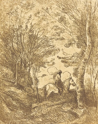Ruiter in het bos, grote plaat Le Grand Cavalier sous bois, ca. 1854 door Jean Baptiste Camille Corot