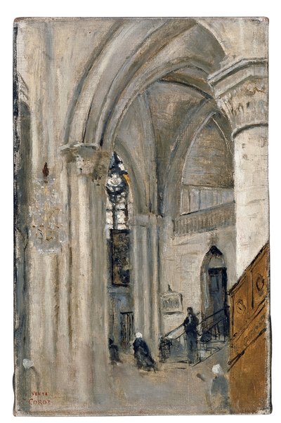 Interieur van de kerk in Mantes door Jean Baptiste Camille Corot