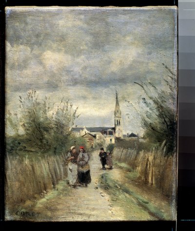 De weg naar de kerk in Argenteuil. door Jean Baptiste Camille Corot