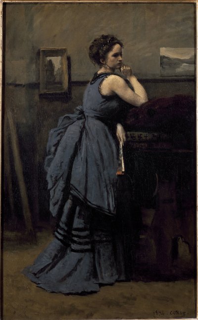 Dame in blauw door Jean Baptiste Camille Corot