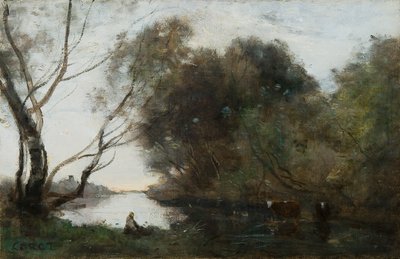 Meer: ondergaande zon, ca. 1820-1860 door Jean Baptiste Camille Corot