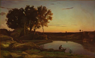 Landschap met meer en schipper door Jean Baptiste Camille Corot