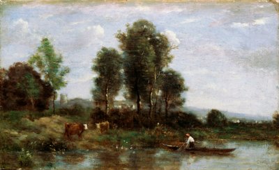 Landschap met een rivier door Jean Baptiste Camille Corot