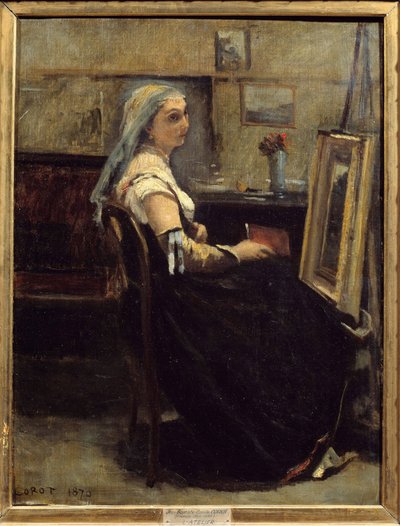 Het atelier of vrouw voor een ezel door Jean Baptiste Camille Corot