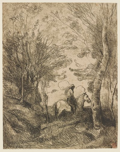 De grote ruiter in het bos door Jean Baptiste Camille Corot