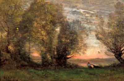 De vissers, avondlicht door Jean Baptiste Camille Corot