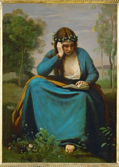 Liseuse couronee des Fleurs of La Muse de Virgil ... door Jean Baptiste Camille Corot