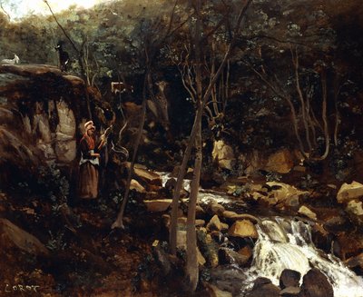 Lormes - Een stroom met een staande boerin, wol spinnend, 1842 door Jean Baptiste Camille Corot