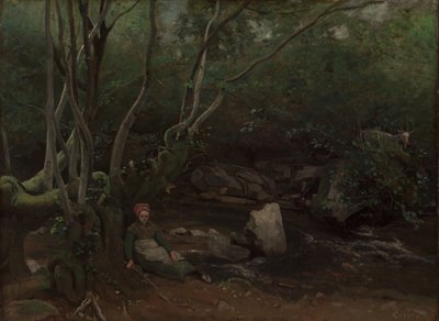 Lormes: Geitenmeisje zittend naast een stroom in een bos door Jean Baptiste Camille Corot