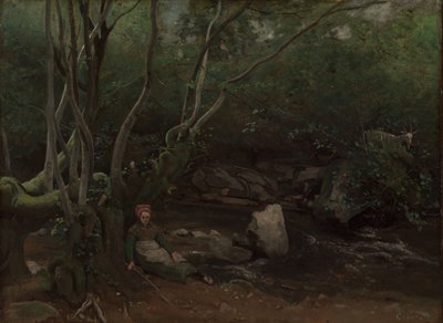 Lormes: Geitenmeisje zittend naast een stroom in een bos door Jean Baptiste Camille Corot