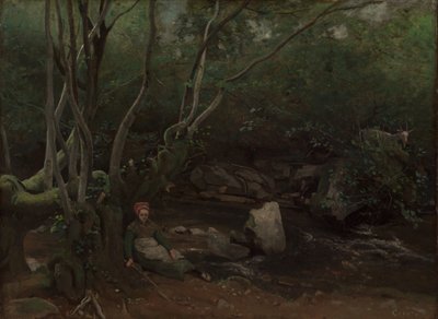Lormes: Geitenmeisje zittend naast een stroom in een bos, 1842 door Jean Baptiste Camille Corot