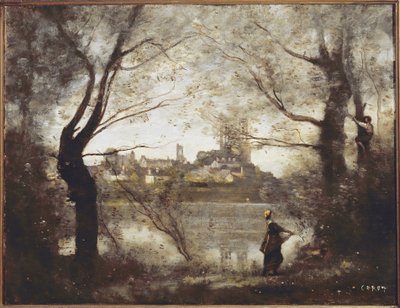 Mantes, kathedraal en stad gezien door de bomen, avond door Jean Baptiste Camille Corot