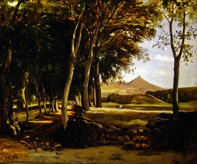 Berglandschap gezien door een laan van bomen door Jean Baptiste Camille Corot