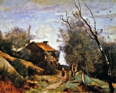 Pad dat naar een huis op het platteland leidt door Jean Baptiste Camille Corot