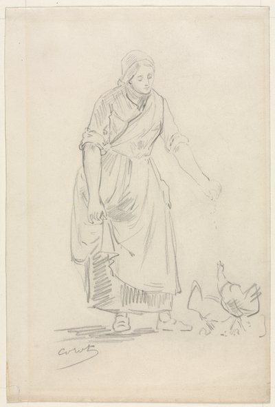 Boerenmeisje Voedt Kippen, 1800s door Jean Baptiste Camille Corot