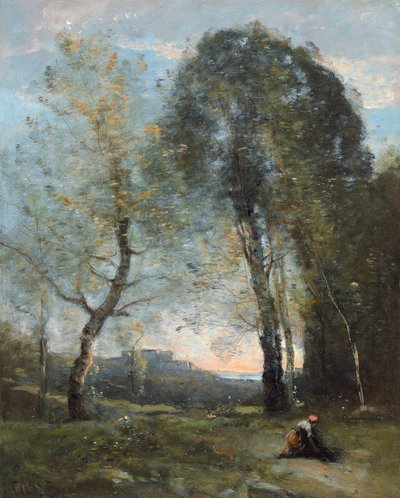 Boerin verzamelt hout, Italië, c. 1870-2 door Jean Baptiste Camille Corot