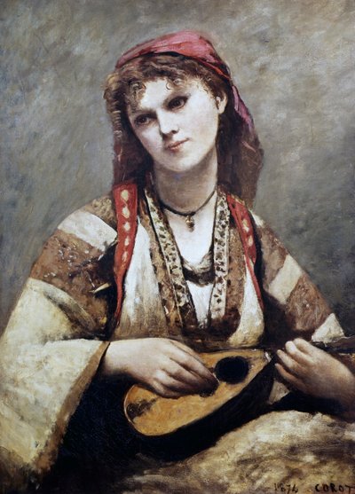 Portret van Christine Nilson, of De Boheemse met een Mandoline door Jean Baptiste Camille Corot