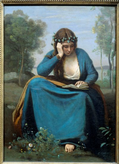 Lezer gekroond met bloemen of de Muze door Virgile door Jean Baptiste Camille Corot