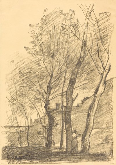 Lezen onder de bomen door Jean Baptiste Camille Corot