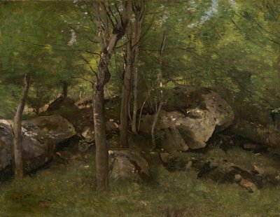 Rotsen in het bos van Fontainebleau door Jean Baptiste Camille Corot