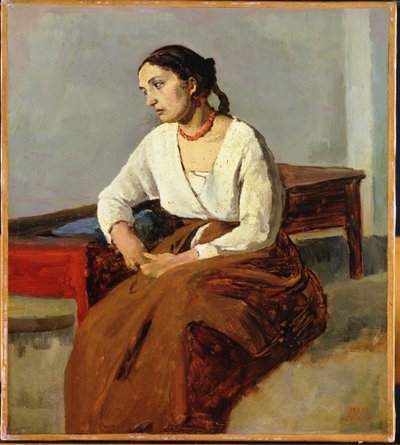 Zittende vrouw in bruine rok door Jean Baptiste Camille Corot