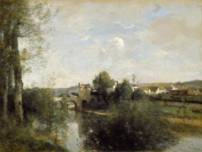 Seine en Oude Brug bij Limay door Jean Baptiste Camille Corot