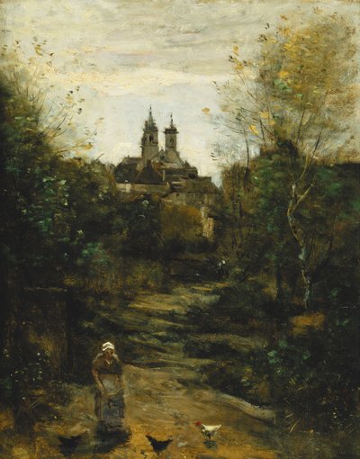 Semur, de weg naar de kerk, ca. 1855-1860 en 1872-1873 door Jean Baptiste Camille Corot