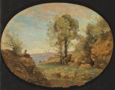Herder die uitkijkt over een rotsachtige kloof, 1859 door Jean Baptiste Camille Corot