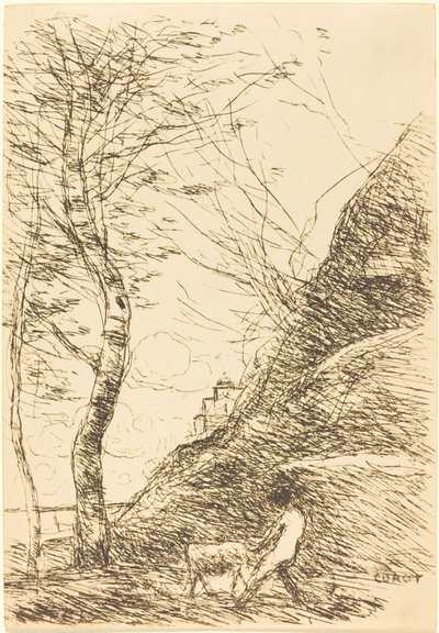 Herder worstelt met een geit door Jean Baptiste Camille Corot