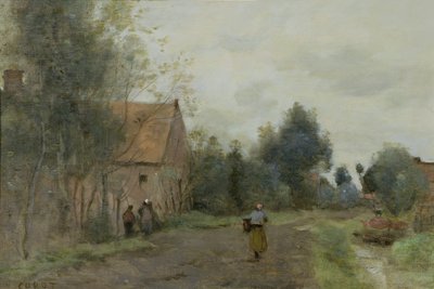 Sin bij Douai, dorpsstraat in de ochtend, grijs weer door Jean Baptiste Camille Corot