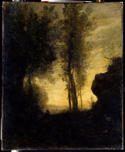 Zittende geit die fluit speelt in een open plek (schilderij door Camille Corot) door Jean Baptiste Camille Corot