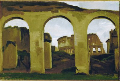 Het Colosseum, gezien over de arcaden van de Basiliek Sint Constantijn, Rome ... door Jean Baptiste Camille Corot