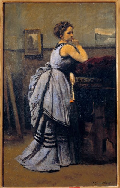 De dame in blauw door Jean Baptiste Camille Corot
