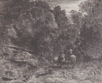 Twee reizigers in een bos Le Cavalier en forêt et le piéton, 1854 door Jean Baptiste Camille Corot