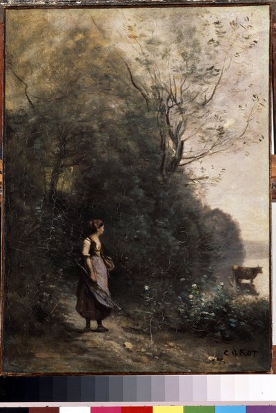 Een herderin met een koe aan de rand van het bos door Jean Baptiste Camille Corot
