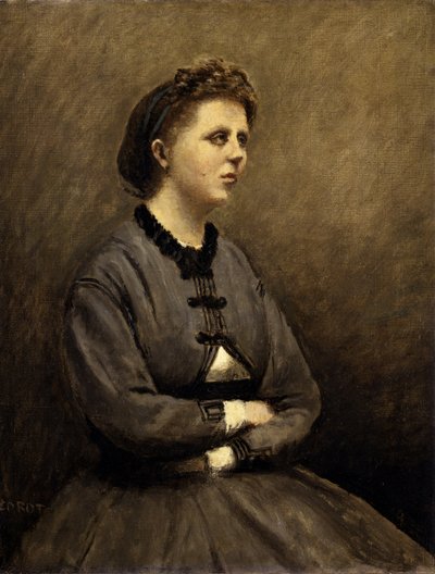 Vrouw in grijs door Jean Baptiste Camille Corot