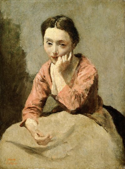 Vrouw in een roze blouse door Jean Baptiste Camille Corot
