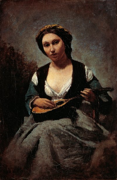 Vrouw met mandoline door Jean Baptiste Camille Corot