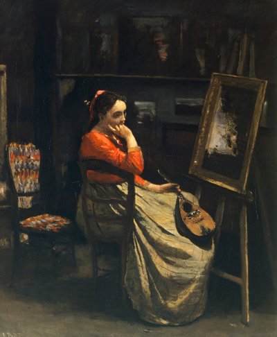 Jonge vrouw met mandoline door Jean Baptiste Camille Corot