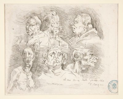 Schetsen van groteske hoofden door Jean Baptiste Carpeaux