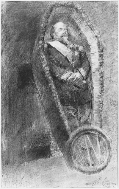 Keizer Napoleon III in zijn kist tijdens de uitvaartdienst, gevierd in de kerk in Chislehurst, Engeland, op 13 januari 1873 door Jean Baptiste Carpeaux
