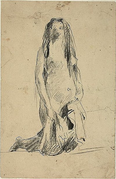 Knielende naakte vrouw met draperie door Jean Baptiste Carpeaux