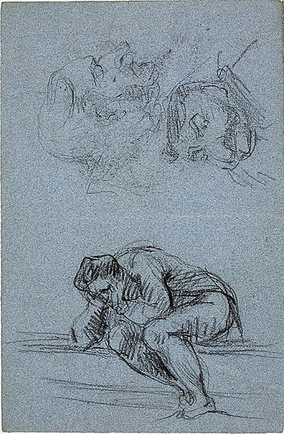 Zittende figuur met hoofd in handen en twee karikaturen (recto); Vier figuren in een lunet (verso) door Jean Baptiste Carpeaux